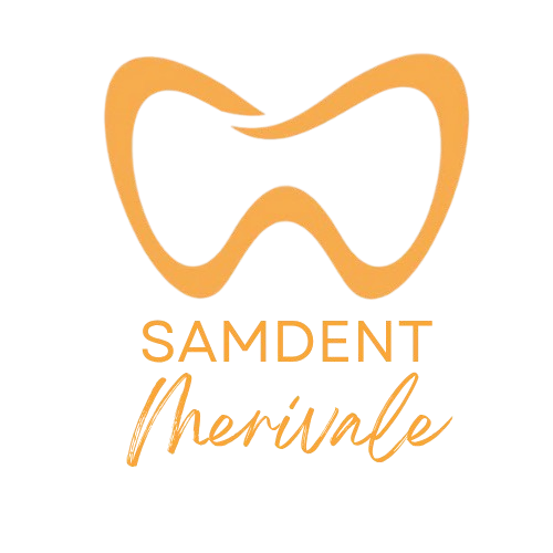 SAMDENT logo. Symbol of a tooth and then SAMDENT, Merivale
