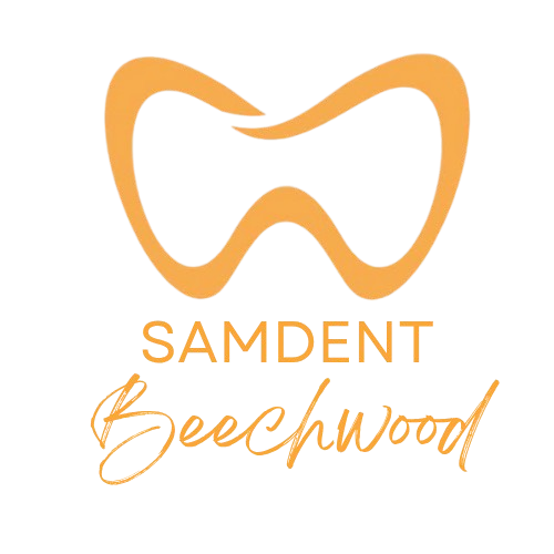 SAMDENT logo. Symbol of a tooth and then SAMDENT, Beechwood